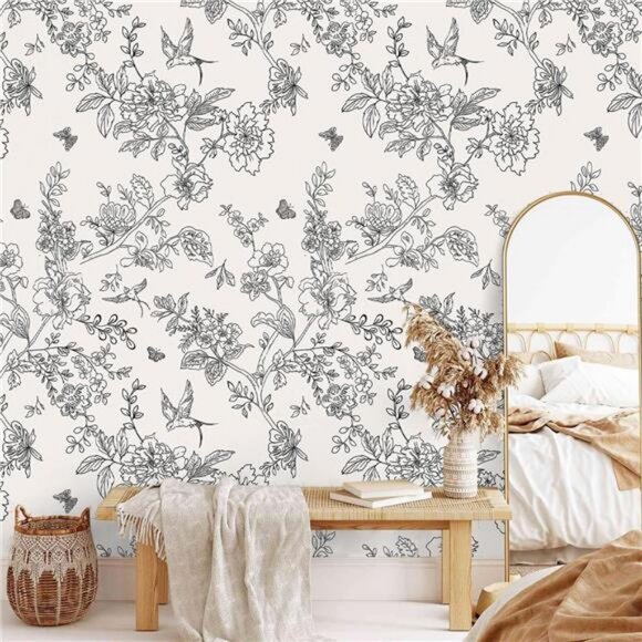 17.7x118.1" Black and Cream White Floral Peel and Stick Floral Contact Wallpaper - Picture 6 of 6